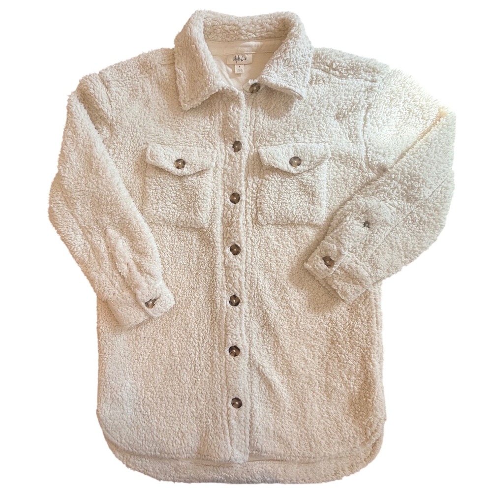 Longline Cream Sherpa Oversized Camping Cozy Shacket Button Up Fleece Jacket S